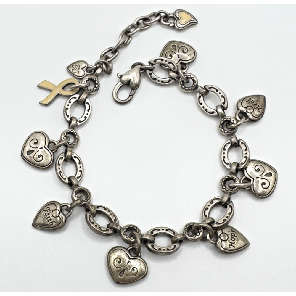 Brighton Think Pink Charm Bracelet Hearts Faith Hope Strength Courage 7” Retired